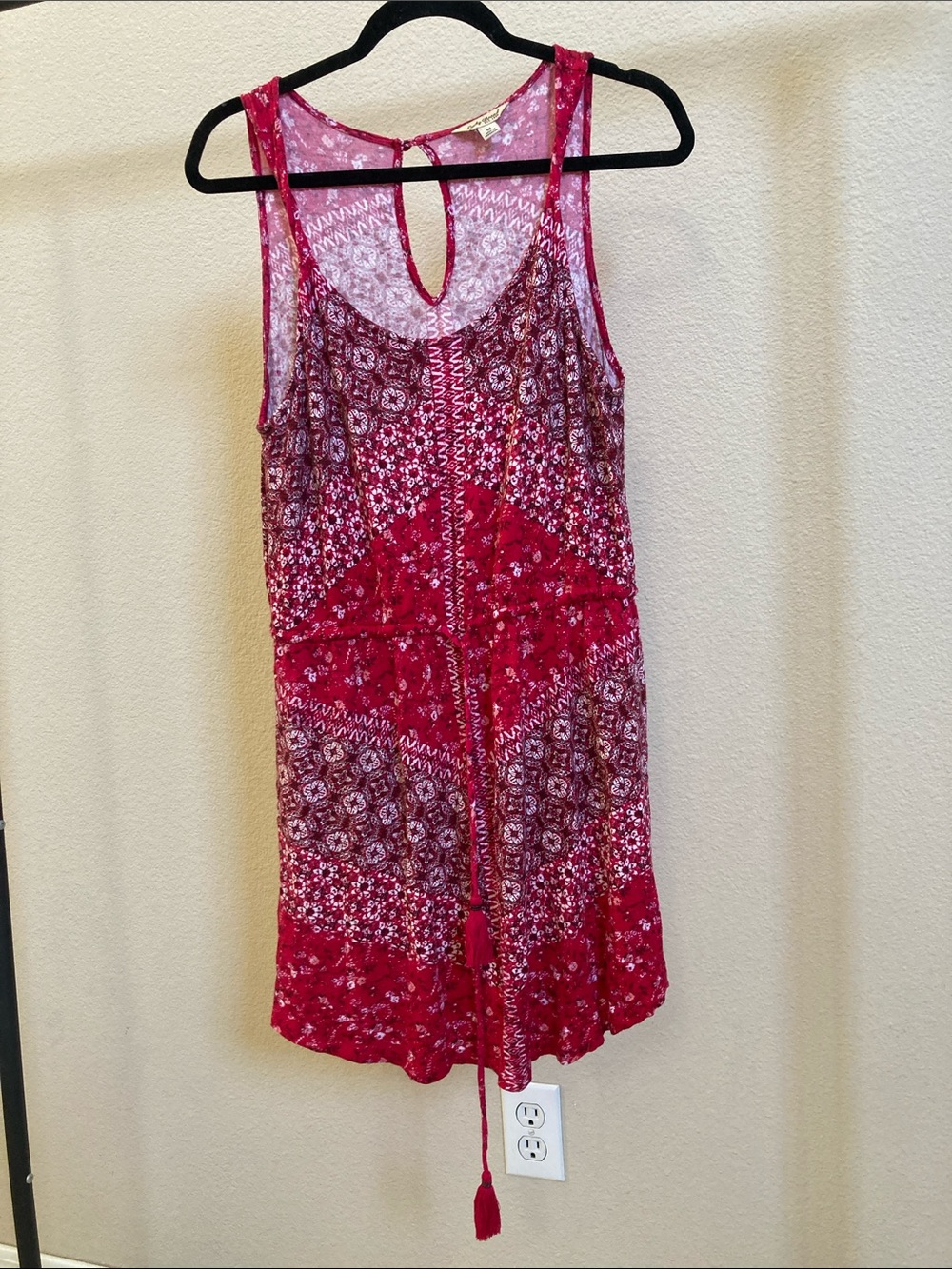 Lucky Brand Red Patterned Sleeveless Chemise with Tassel Tie